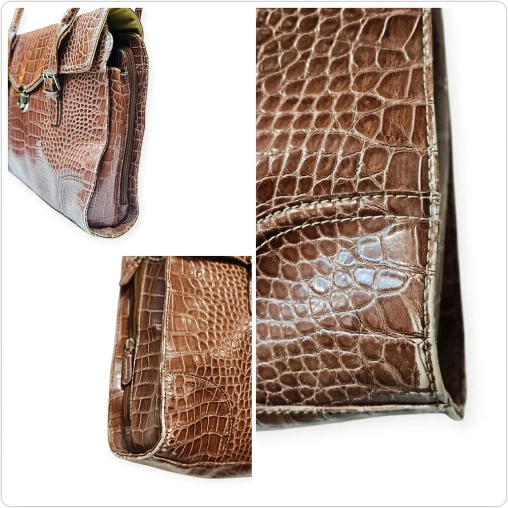 Liz Claiborne Large Brown Croc Embossed Leather Laptop Satchel Purse Tote Bag - Picture 9 of 15